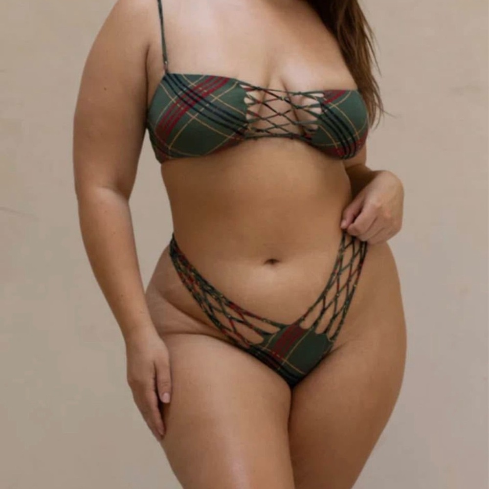 San Lorenzo Olive Green Plaid Lattice Bikini with Red Accents